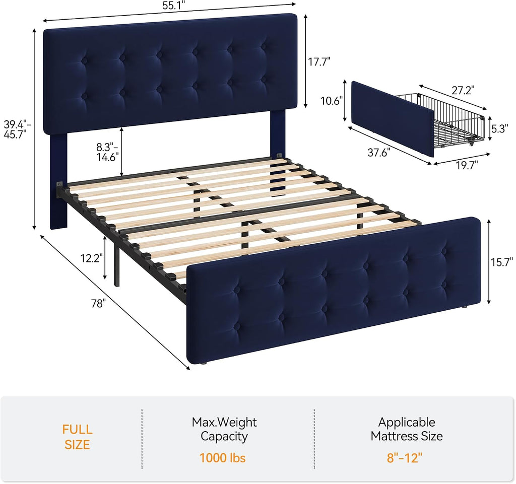 GAOMON Full Size Bed Frame with 4 Drawers and Adjustable Headboard, Velvet Upholstered Platform Bed with Button Tufted Design, No Box Spring Needed, Strong Wooden Slats, Blue