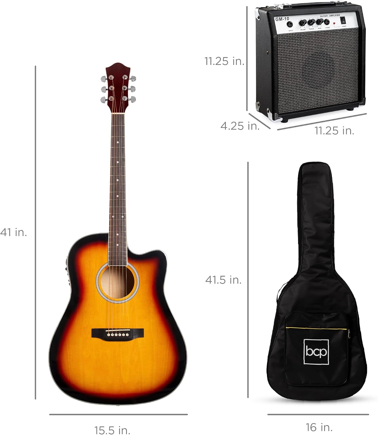 Best Choice Products Beginner Acoustic Electric Guitar Starter Set w/ 41in, All Wood Cutaway Design, Gig Bag, Strap, Picks - Sunburst