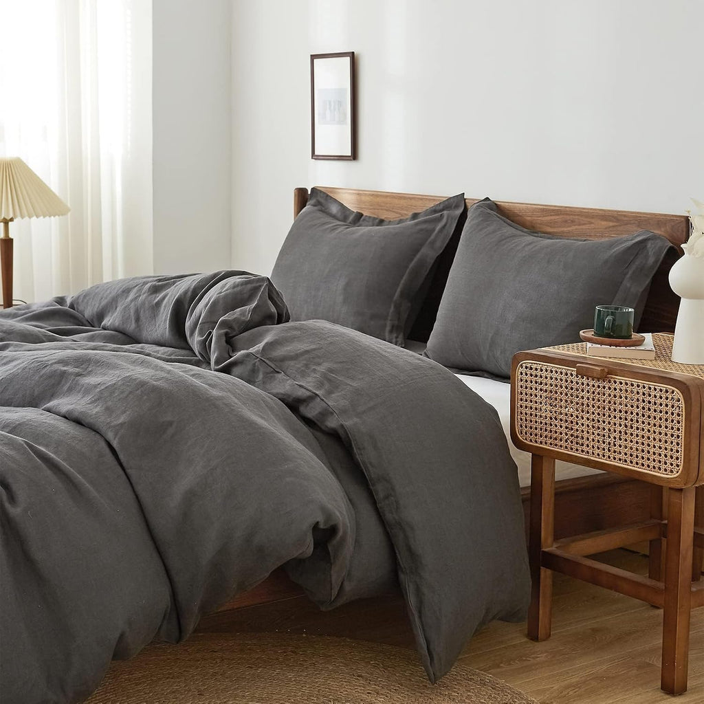 Simple&Opulence 100% Linen Duvet Cover Set, 3 PCS Natural French Flax Dark Grey Duvet Cover King Size, Breathable Soft Comfy Linen Bedding Comforter Cover with 2 Pillowcases(Dark Grey, 104'x92')