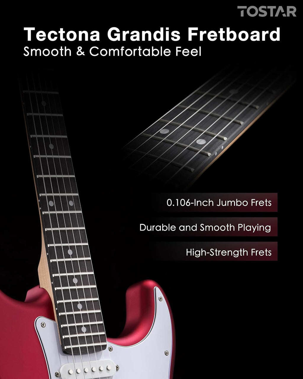 Tostar Electric Guitar Kit with Amp, 39' Full Size 6 String, Lightweight, Rounded Body Design, 5-Way SSH Pickup Switch, 2 Tone & 1 Volume Knobs, Beginner Electric Guitar for Man Woman Candy Apple Red