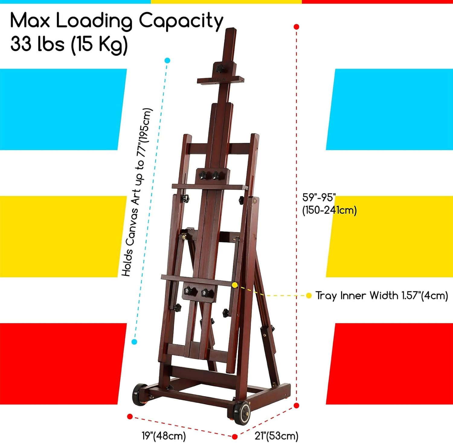 MEEDEN Multi-Function Studio Easel,H-Frame Easel,Painting Easel for Adults,Artist Easel,Floor Easel,Solid Beech Wooden Easels w/Front Wheels,Holds Canvas Art up to 77' - Deep Walnut