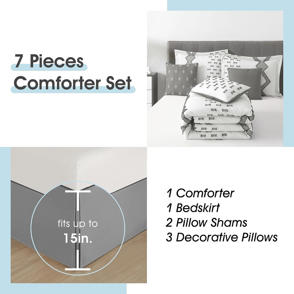 LANCO MODERN LIFESTYLE 7 Piece Grey and White Comforter Set, King, Boho Home Decor, Geometric Clip Pattern Bedding Set for All Seasons, Bed in a Bag, Bedskirt, Shams and Decorative Pillows