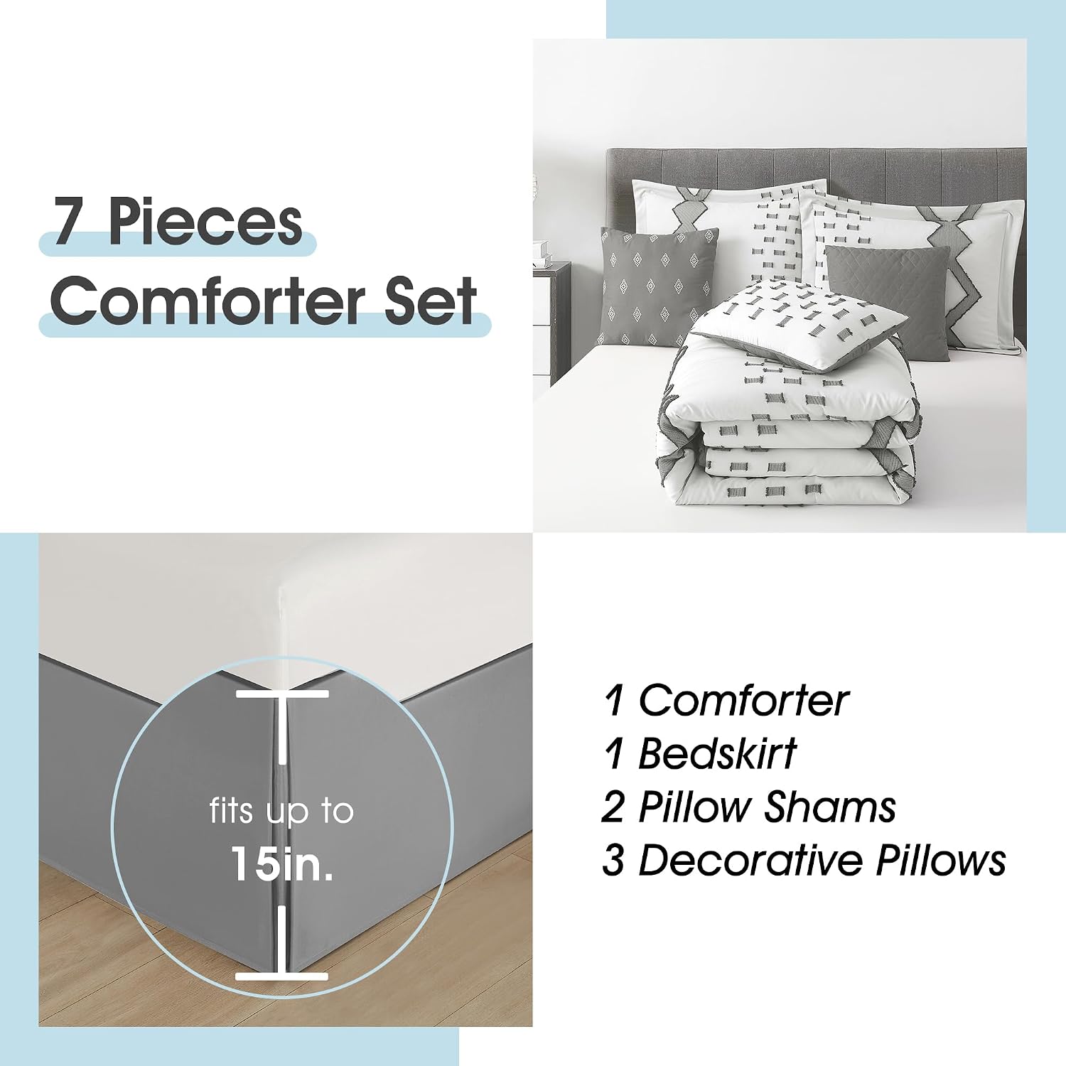 LANCO MODERN LIFESTYLE 7 Piece Grey and White Comforter Set, King, Boho Home Decor, Geometric Clip Pattern Bedding Set for All Seasons, Bed in a Bag, Bedskirt, Shams and Decorative Pillows