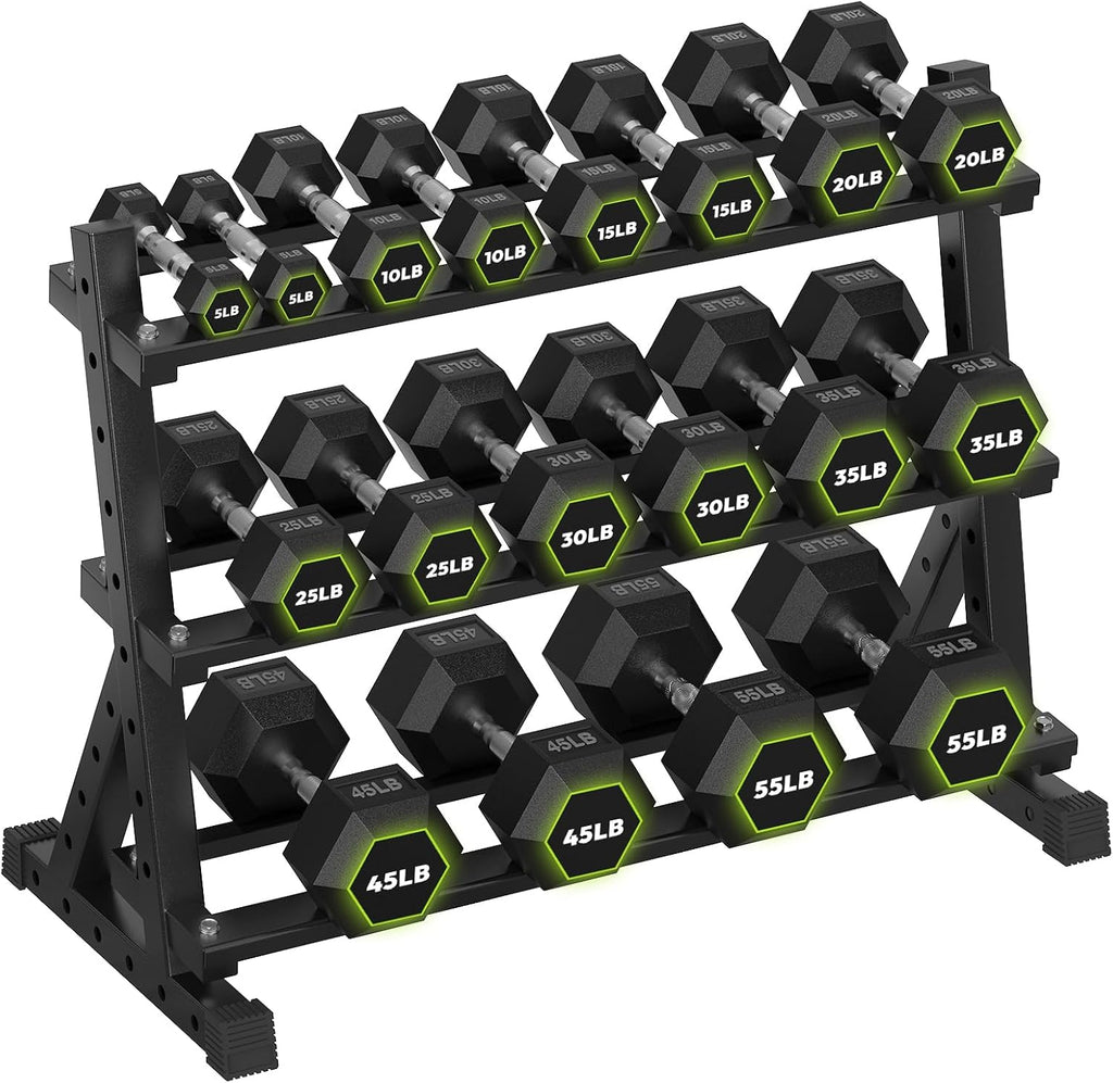 HANDBODE 3-Tier Dumbbell Rack Stand, 1000LB Capacity Storage Rack, Weight Rack for Dumbbells, Kettlebell, 390–700 lb Rubber Coated Fixed Weight Sets, Home Gym Strength Training Equipment