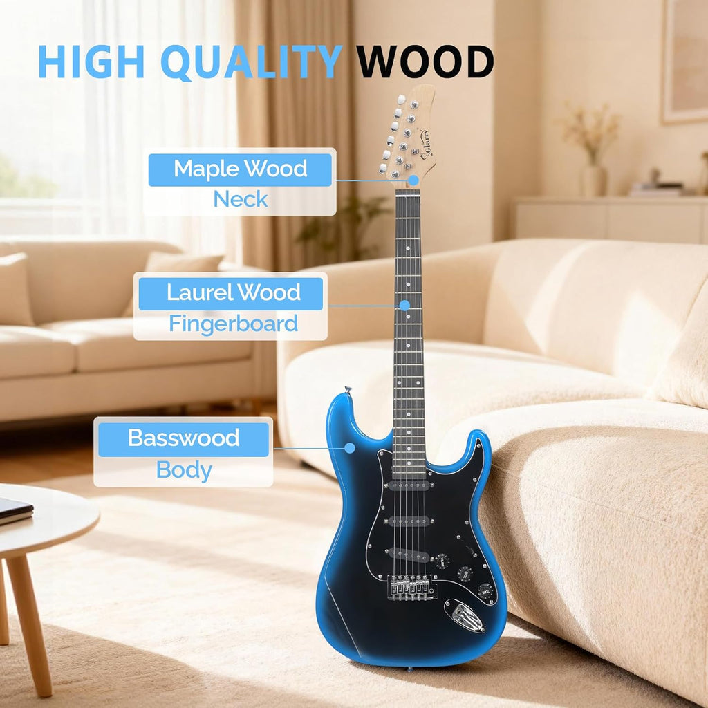 GLARRY Full Size Electric Guitar for Music Lover Beginner with 20W Amp and Accessories Pack Guitar Bag (BLACK & BLUE, 39' Right Handed)