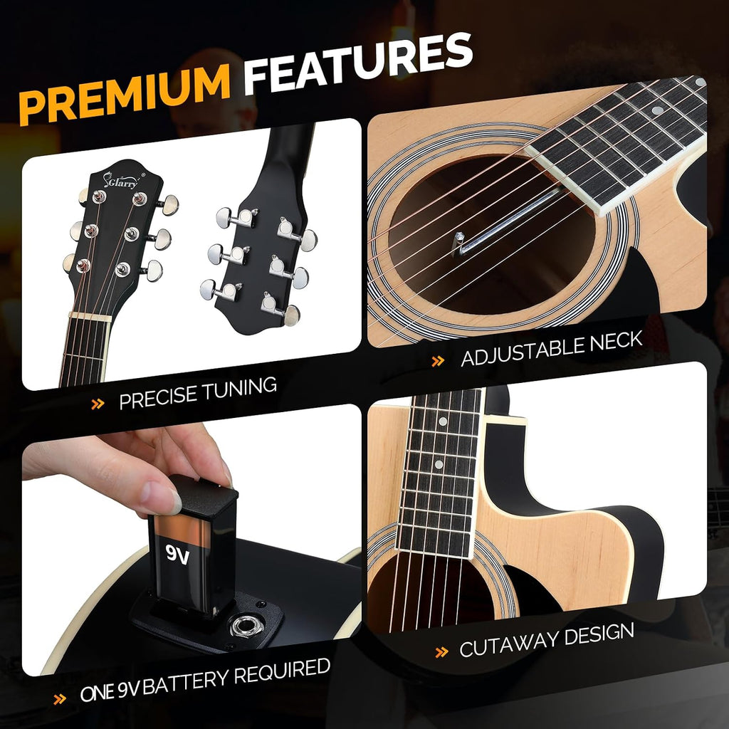 GLARRY Full Size 6 Strings Acoustic Electric Guitar Beginner Kit w/ 15W Amp, Cutaway 41 Inch Electric Acoustic Guitar w/Inbuilt Tuner, Bag, Strap, Picks, Strings, Basswood Guitarra, Matte Natural