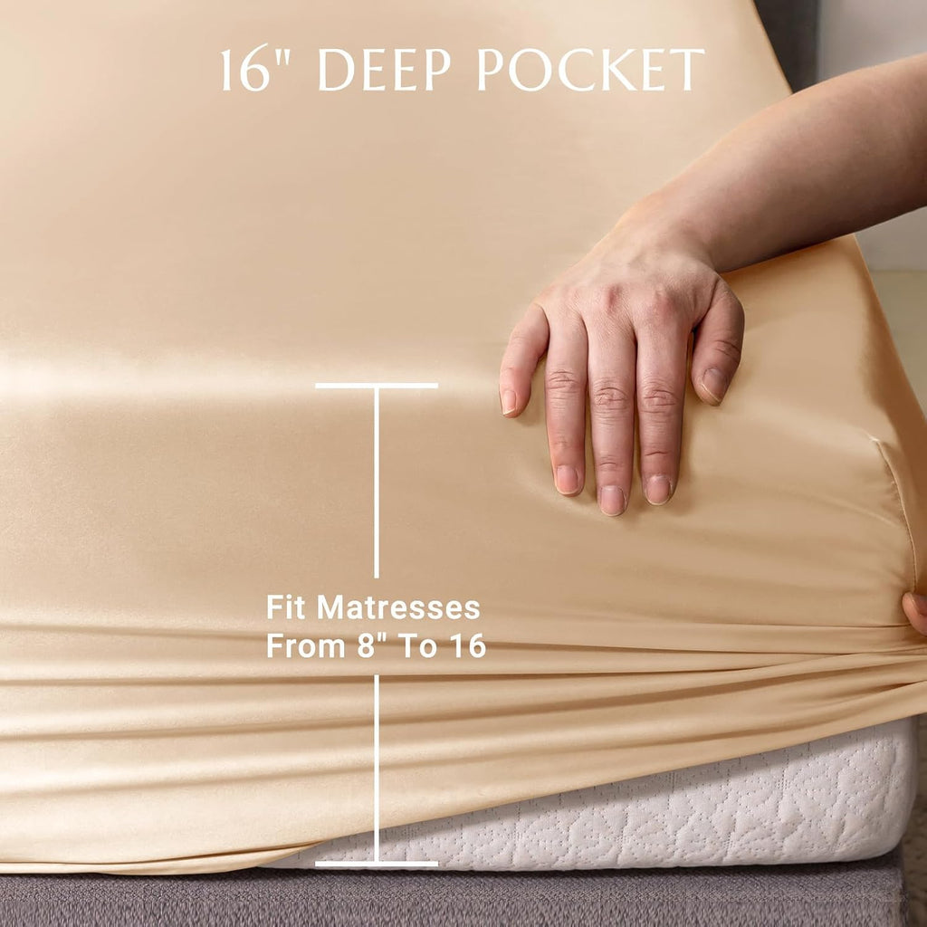 THXSILK 100% Silk Sheet Set, 7A+ Silk Sheet Set Soft Breathable, Luxury Bedding (1 Duvet Cover, 1 Fitted Sheet, 2 Pillow Shams), King, Champagne