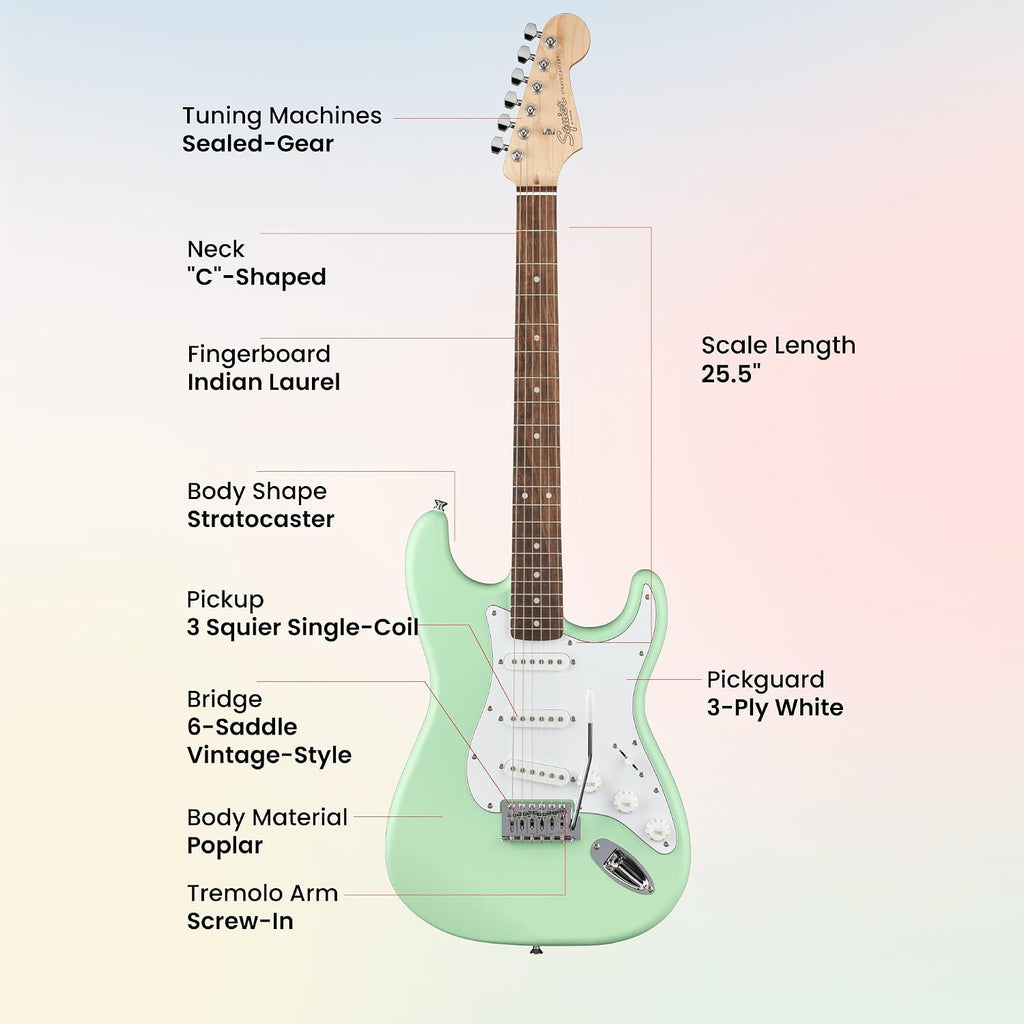 Fender Squier Stratocaster Electric Guitar - Surf Green Bundle with Amplifier, Gig Bag, Cable, Strap, Picks, and Austin Bazaar Instructional Video