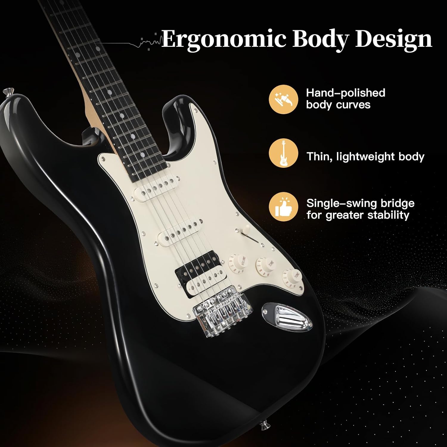 Musicool 39 Inch Electric Guitar Starter Kit– HSS Pickups Solid Body Electric Guitar Includes Amplifier, Bag, Digital Tuner, Strap, String, Cable, Picks, Beginner Gift（Black）
