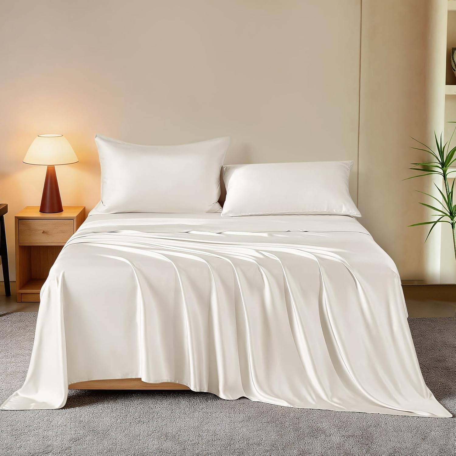 THXSILK Luxury Mulberry Silk Bed Sheets Set - 4pcs Silk Sheets Set 16' Deep Pocket - 1 Flat Sheet, 1 Fitted Sheet, 2 Pillowcases with Zipper Closure - King, White