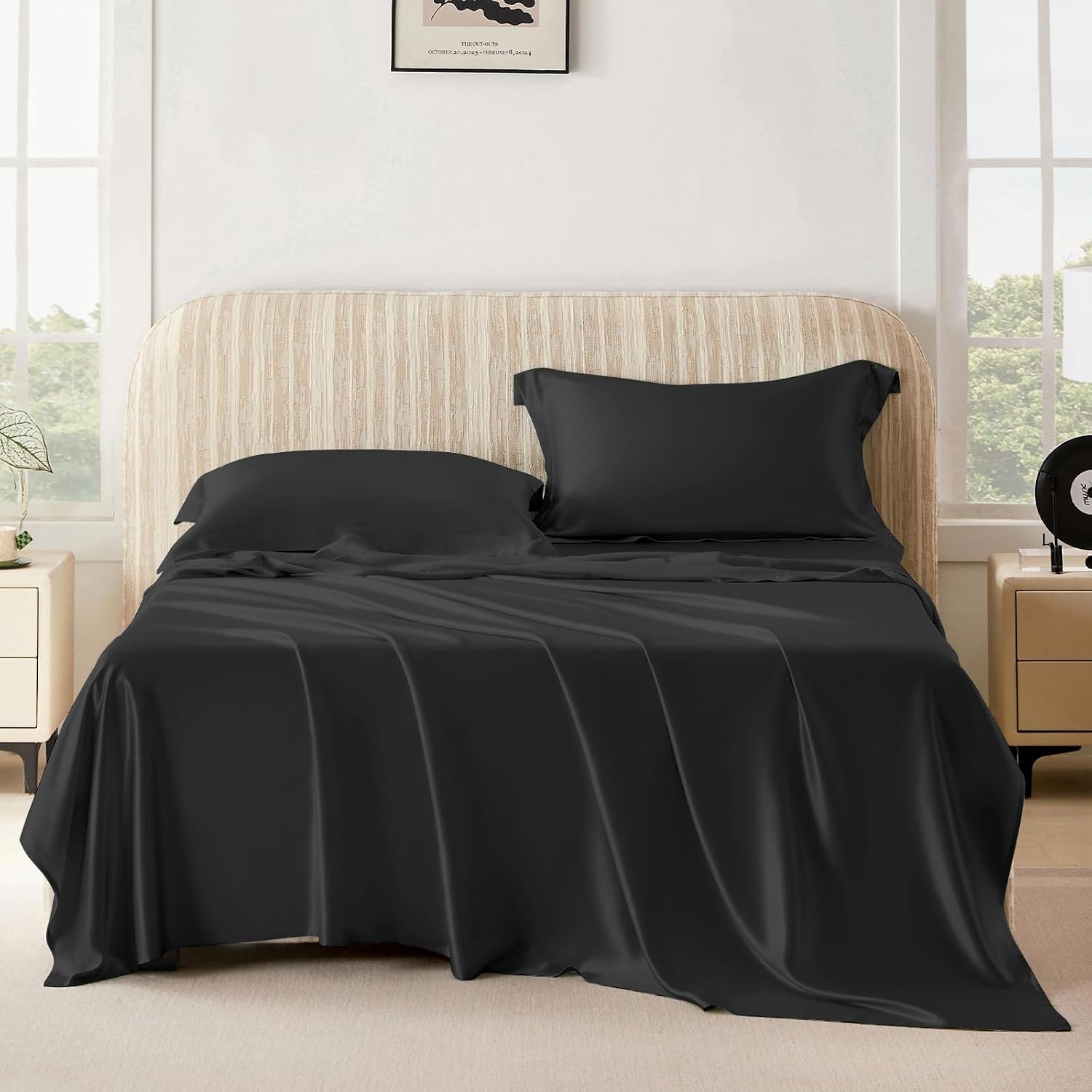 THXSILK Silk Sheet Set 4 Pcs, 25 Momme 100% Top Grade Pure Mulberry Silk Bed Sheets Luxury Bedding Sets Ultra Soft Durable, 1 Fitted Sheet, 1 Flat Sheet and 2 Pillow Shams (Full, Black)