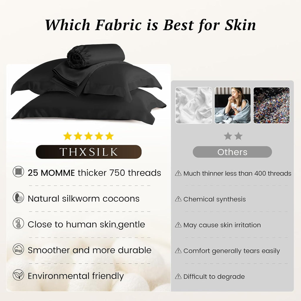 THXSILK Silk Sheet Set 4 Pcs, 25 Momme 100% Top Grade Pure Mulberry Silk Bed Sheets Luxury Bedding Sets Ultra Soft Durable, 1 Fitted Sheet, 1 Flat Sheet and 2 Pillow Shams (Full, Black)