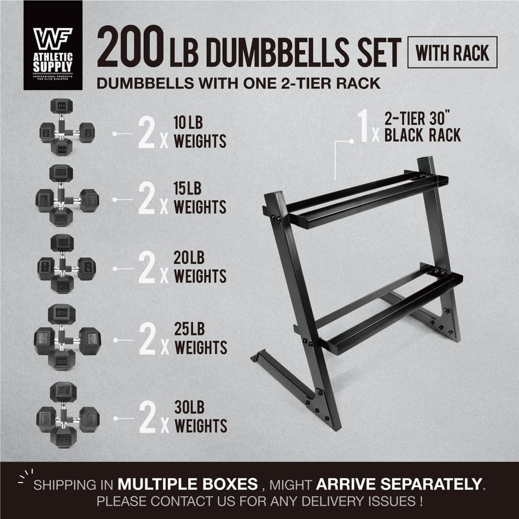 WF Athletic Supply 200Lb Dumbbell Set, 10-30Lb Dumbbell Set with Two-Tier Storage Rack for Muscle Toning, Strength Building & Weight Loss - Multiple Choices Available