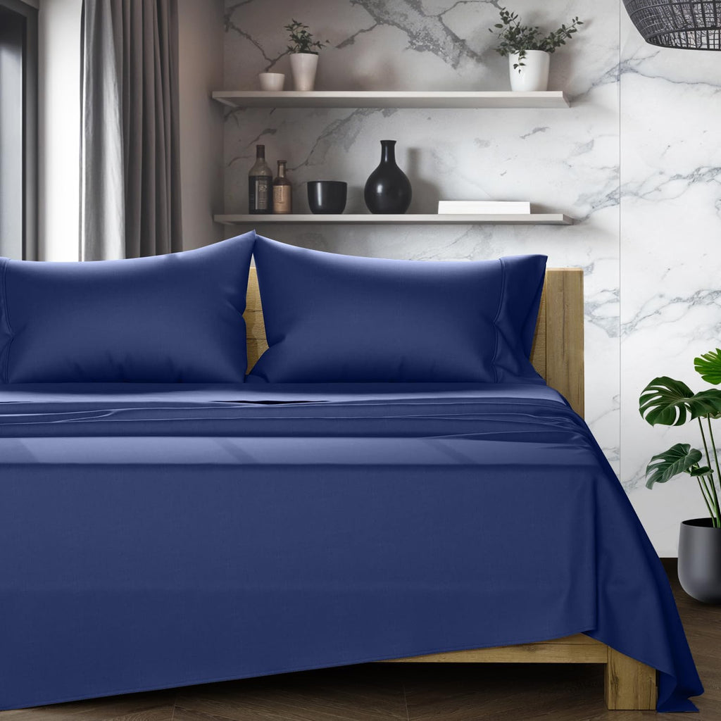 TEXAS LINEN CO. 100% Egyptian Cotton Bed Sheets Full Size - Luxury 1200 Series Star Sleepin' Collection Sheets Full Size Bed Set (4 PC, Navy Blue), 17' Deep Pocket, Cooling Sateen Hotel Bedding Set