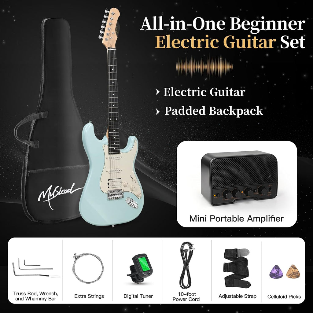Musicool 39 Inch Electric Guitar Starter Kit– HSS Pickups Solid Body Electric Guitar Includes Amplifier, Bag, Digital Tuner, Strap, String, Cable, Picks, Beginner Gift （Olympic Blue）