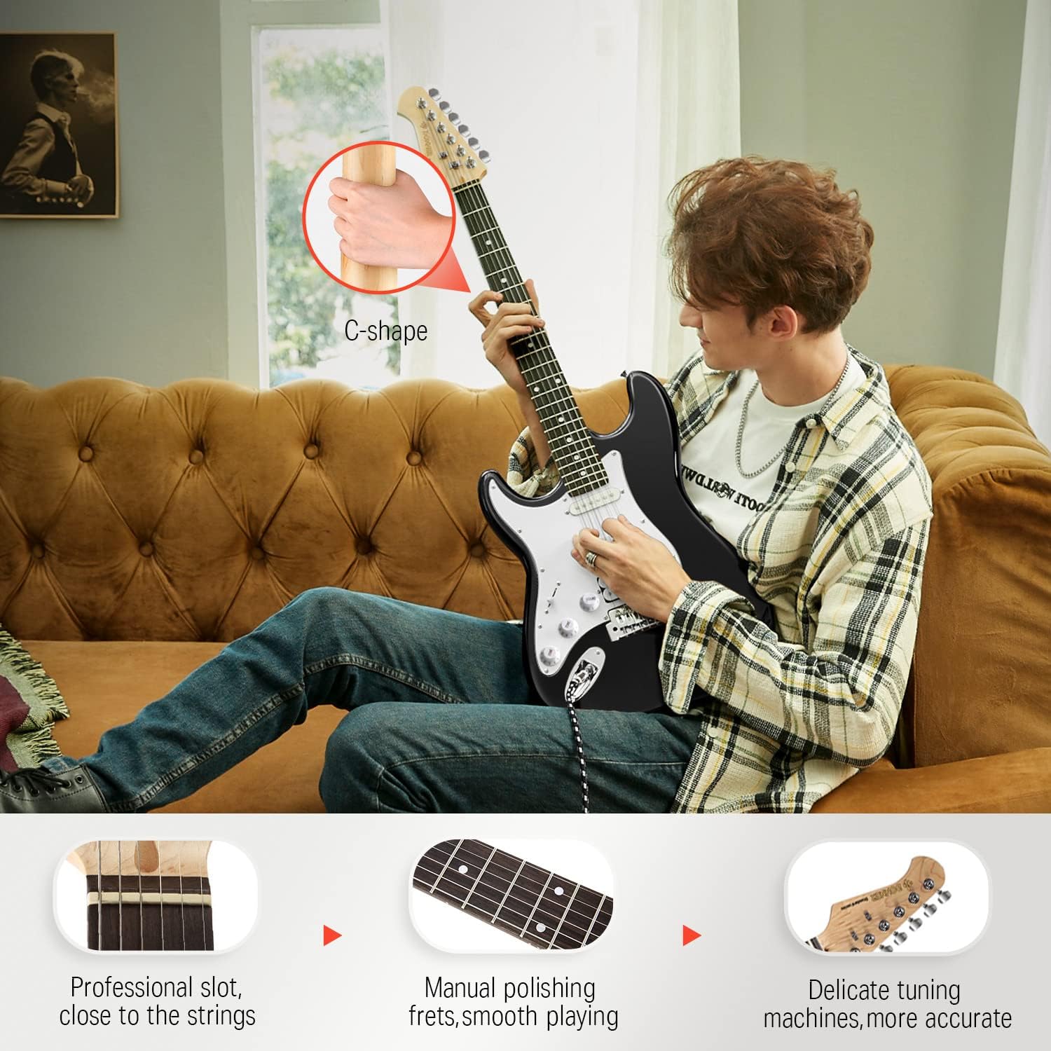 Donner 39 Inch Left-Handed Electric Guitar Kit Solid Body Black Lefty Beginner Set Full-Size with Amplifier Online Lesson Bag Digital Tuner Capo Strap String Cable Picks DST-100BL