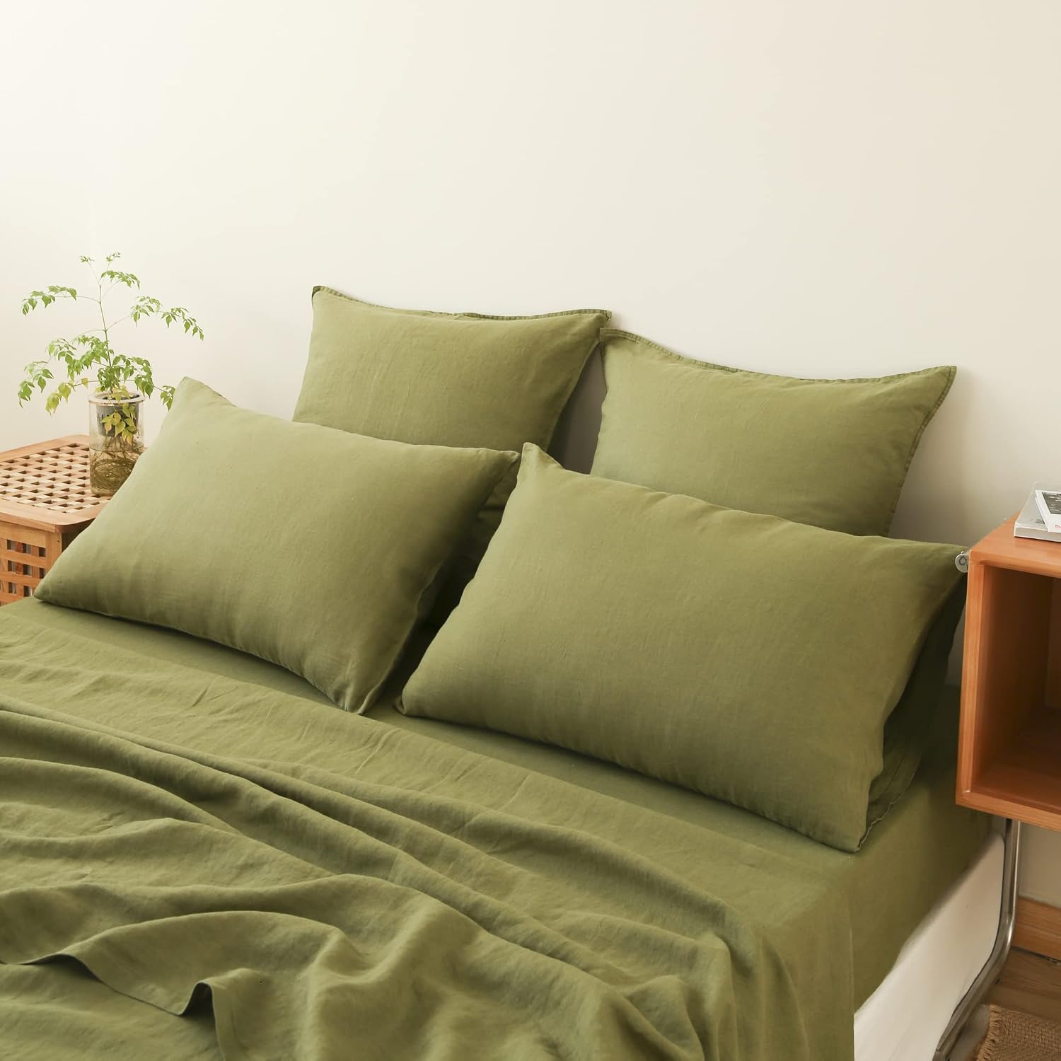 Simple&Opulence 100% Linen Sheet Set 4pcs Basic Style, Deep Pocket, Natural French Washed Flax Solid Color Soft Breathable Bed Sheets - Olive Green, Queen