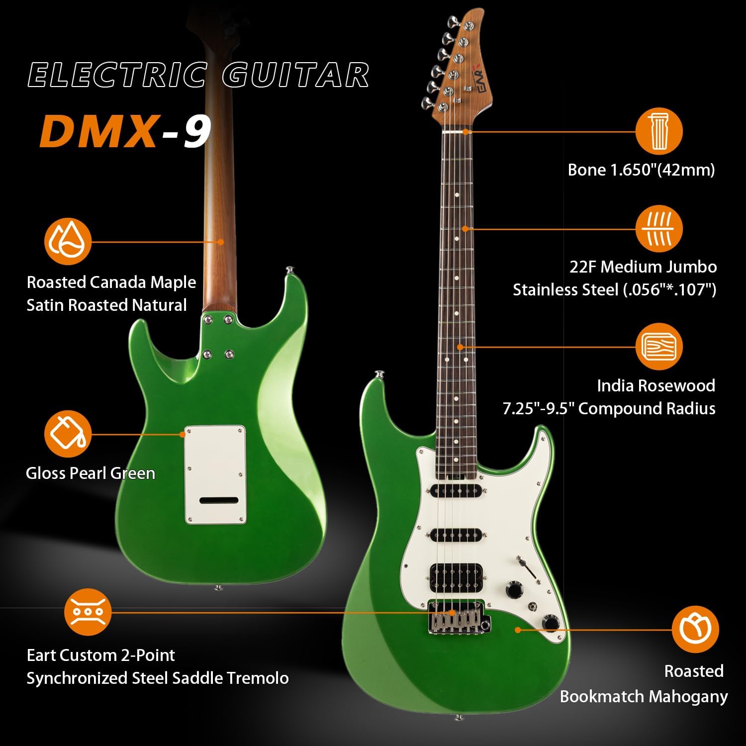 EART Electric Guitar DMX-9, 6 String Tremolo Bridge, Humbucker Pickups, Solid Body, 5-Way Switch Guitars (Gloss Pearl Green)