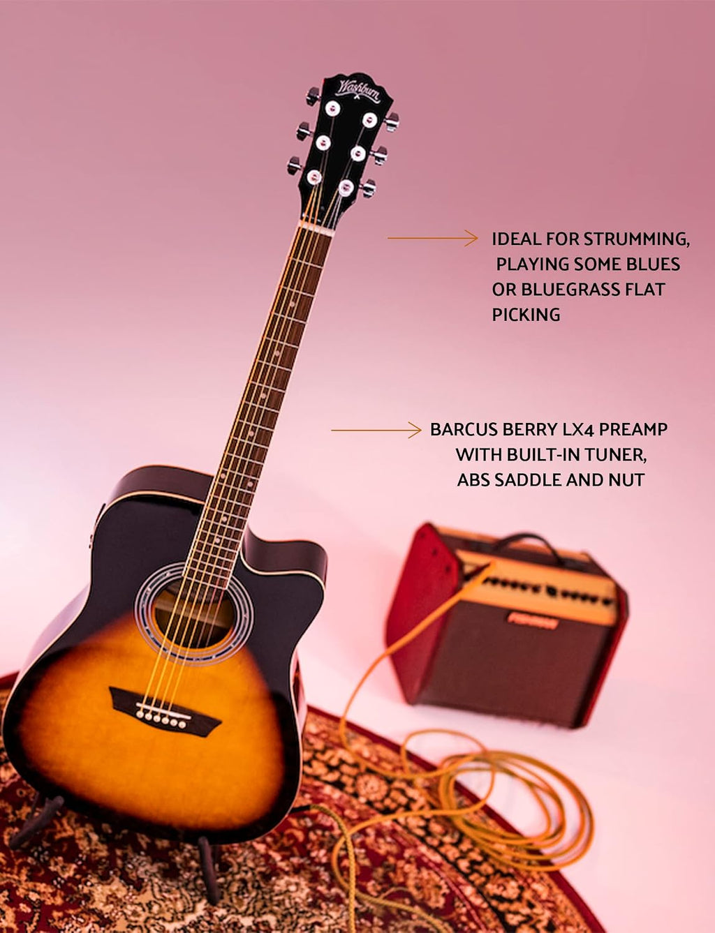 Washburn Vintage Series 6 String Acoustic-Electric Guitar, Right, Tobacco Sunburst (WA90CEVSB)