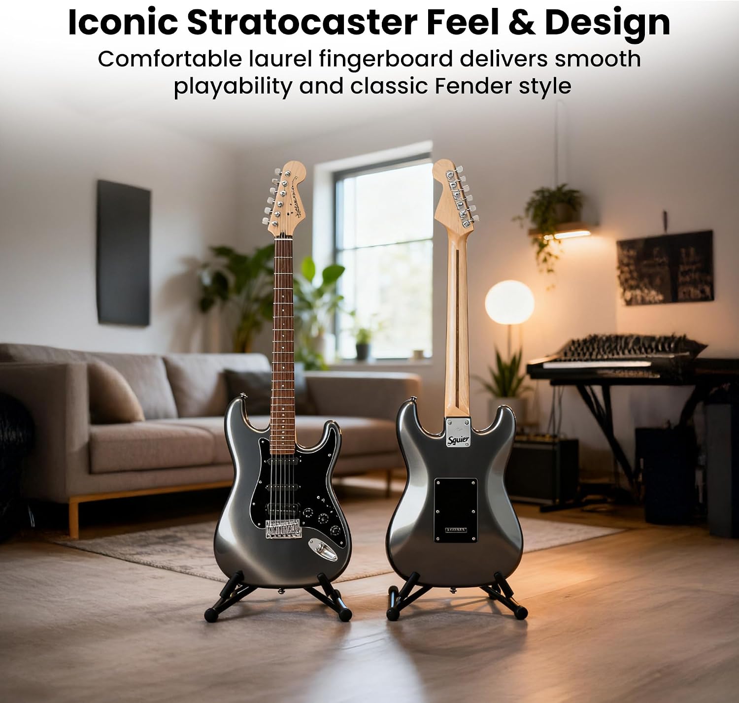 Fender Squier Affinity Stratocaster HSS Pack - Charcoal Frost Metallic Bundle with Frontman 10G Amplifier, Cable, Gig Bag, Tuner, Strap, Picks, and Austin Bazaar Instructional DVD