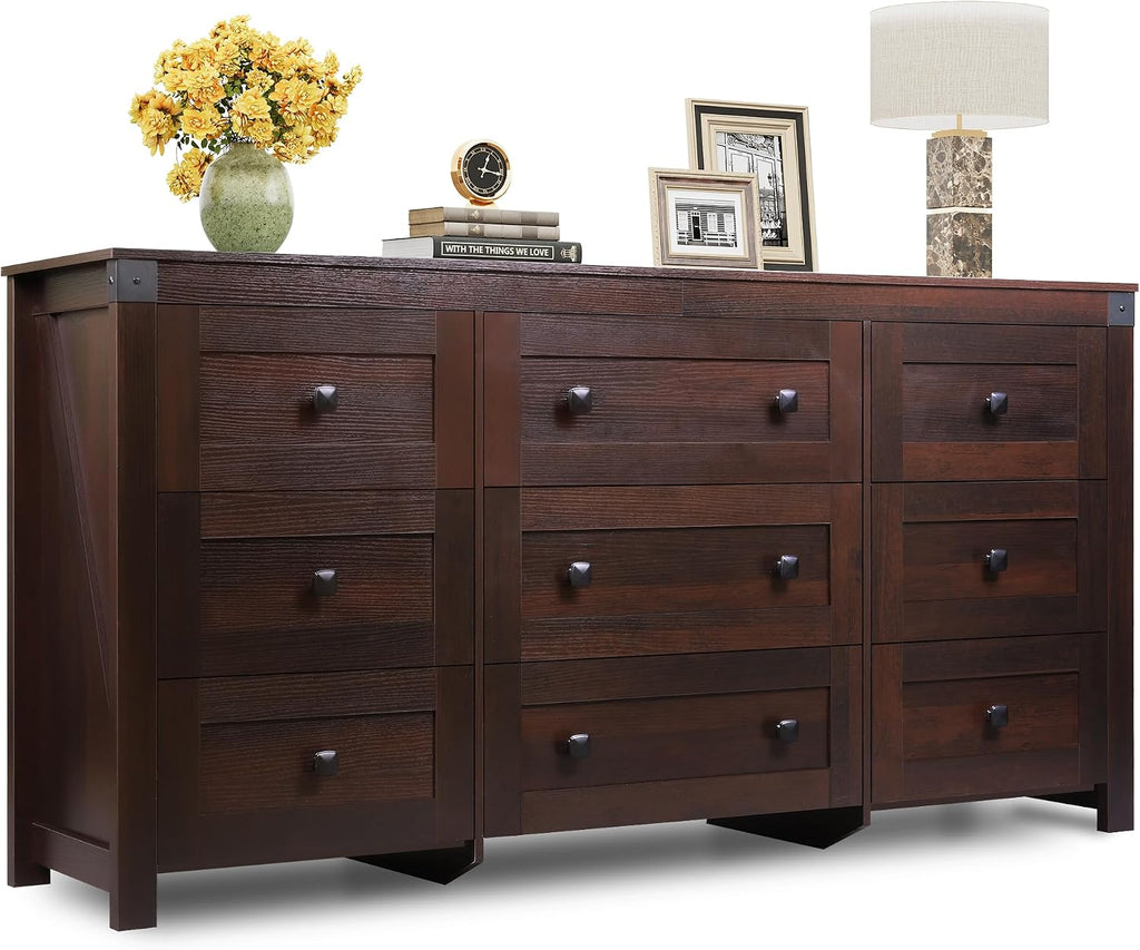 WLIVE Farmhouse Dresser for Bedroom, 63' Wide 9 Drawer Dresser Storage Organizer, Wood Chest of Drawers for Bedroom, TV Stand for 70 inch TV for Living Room, Hallway, Ball Bearing Slide (Brown)