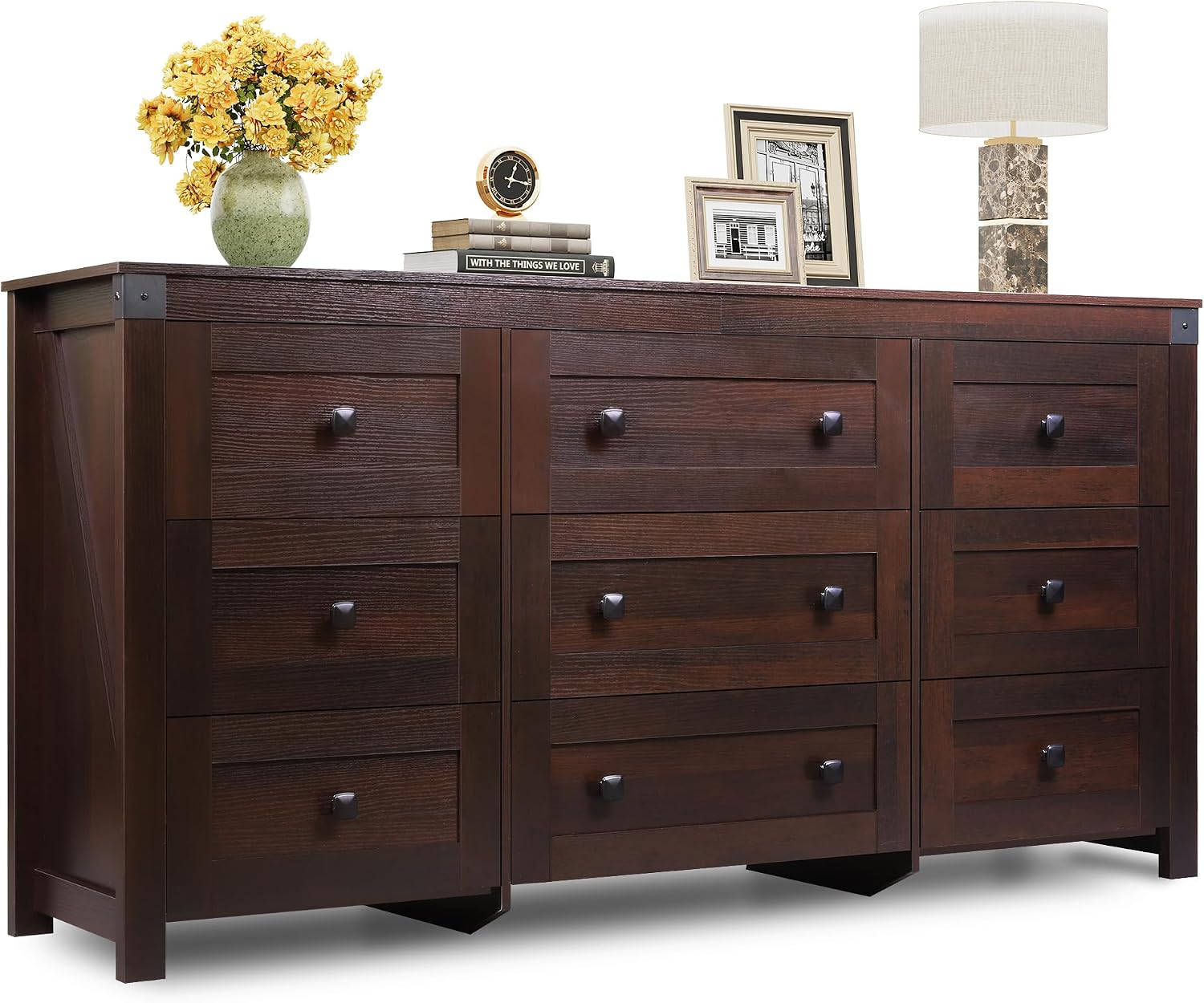 WLIVE Farmhouse Dresser for Bedroom, 63' Wide 9 Drawer Dresser Storage Organizer, Wood Chest of Drawers for Bedroom, TV Stand for 70 inch TV for Living Room, Hallway, Ball Bearing Slide (Brown)