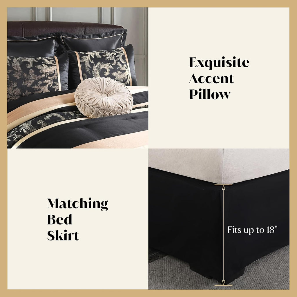 CozyDH Black Gold Comforter Set King Size - 7 Piece Luxury Jacquard Silky Bed in a Bag, Vintage Floral Striped Damask, All-Season Down Alternative Bedding with Bed Skirt, Shams, Decorative Pillow