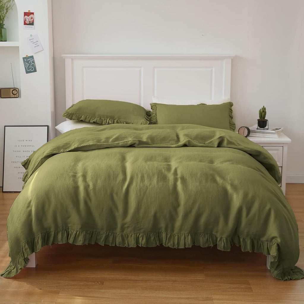 Simple&Opulence 100% Linen Duvet Cover Set, 3 PCS Natural French Flax Ruffle Duvet Cover King Size, Breathable Comfy Linen Bedding Comforter Cover with 2 Pillowcases (Olive Green, 104' X 92')