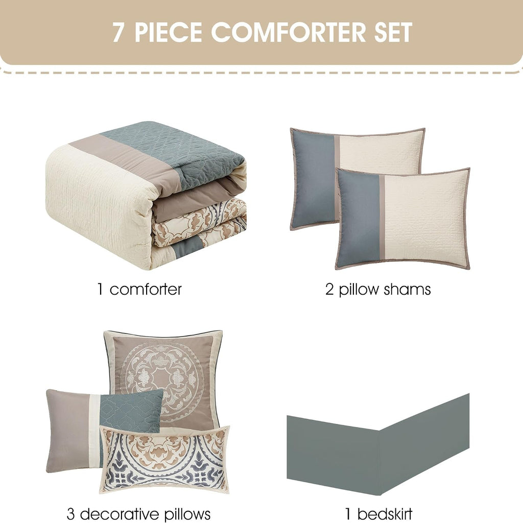 Stratford Park Multi-Color Cal King Comforter Set, 7 Piece, Microfiber Print Bedding Sets & Collections,Matching Pillow Shams & Bedskirt