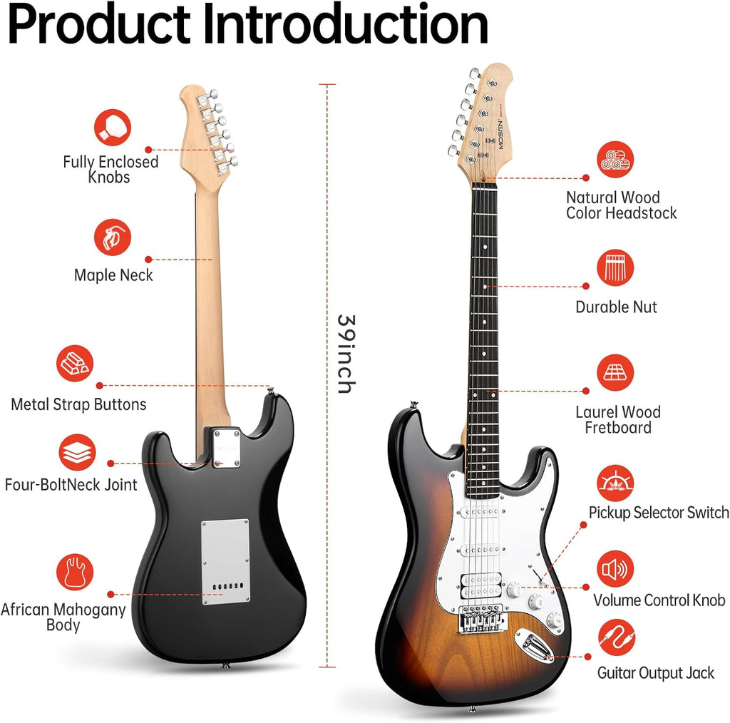 MOSEN Beginner Electric Guitar 39 inch Solid Body, HSS Pickup with Coil Split, Full Size Guitar Starter Set w/Amp, Gig Bag, Tuner, Capo, Cable, All Accessories,MS-SS60-Sunbrust