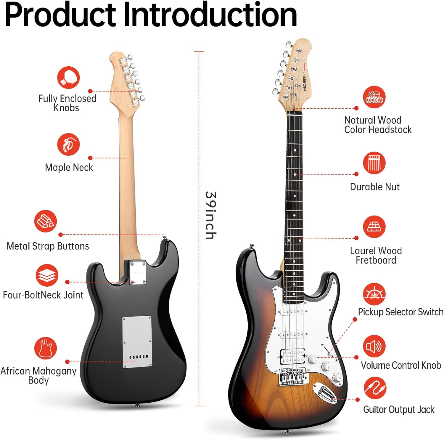 MOSEN Beginner Electric Guitar 39 inch Solid Body, HSS Pickup with Coil Split, Full Size Guitar Starter Set w/Amp, Gig Bag, Tuner, Capo, Cable, All Accessories,MS-SS60-Sunbrust