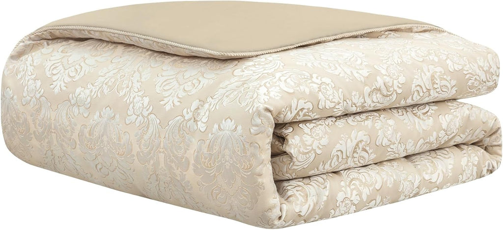 Loom and Mill 9-Piece Elegant Damask Comforter Sets Jacquard Medallion Design, Ultra Soft Floral Bedding with Euro Shams, Bedskirt, Filled Decorative Pillow for Home (Beige White, Queen)