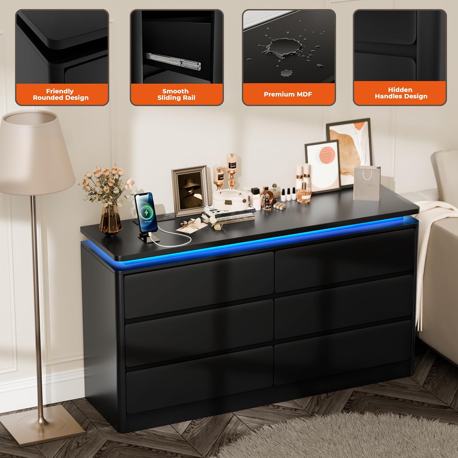 Loomie Upgraded 6 Drawer Black Dresser for Bedroom, 47.2' Long Chest of Drawers with Charging Station & LED Lights, Wooden Storage Cabinet Dresser for Closet,Modern TV Stand with Deep Drawers