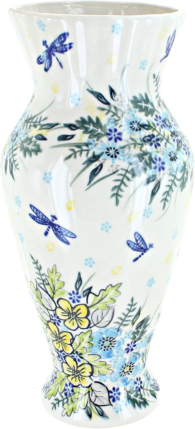 Blue Rose Polish Pottery - Yellow Alyssa Tall Vase - 11' Tall - Ceramic Flower Vase, Decorative Floral Design for Table, Shelf or Mantel Décor