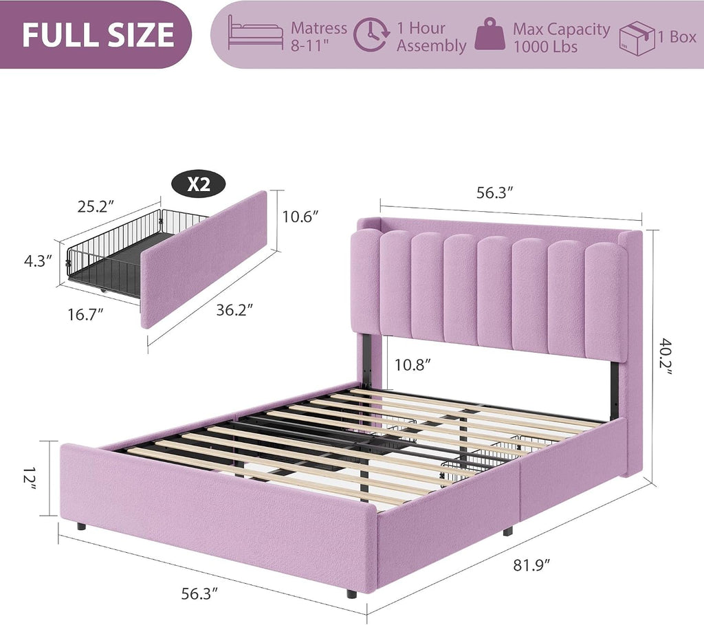 Garvee LED Full Size Bed Frame with Storage Headboard, Kids Bed Frame with 2 Drawers, Boucle Upholstered Platform Bed for Girls, Chic Wavy Headboard with Bookcase, No Box Spring Needed, Purple