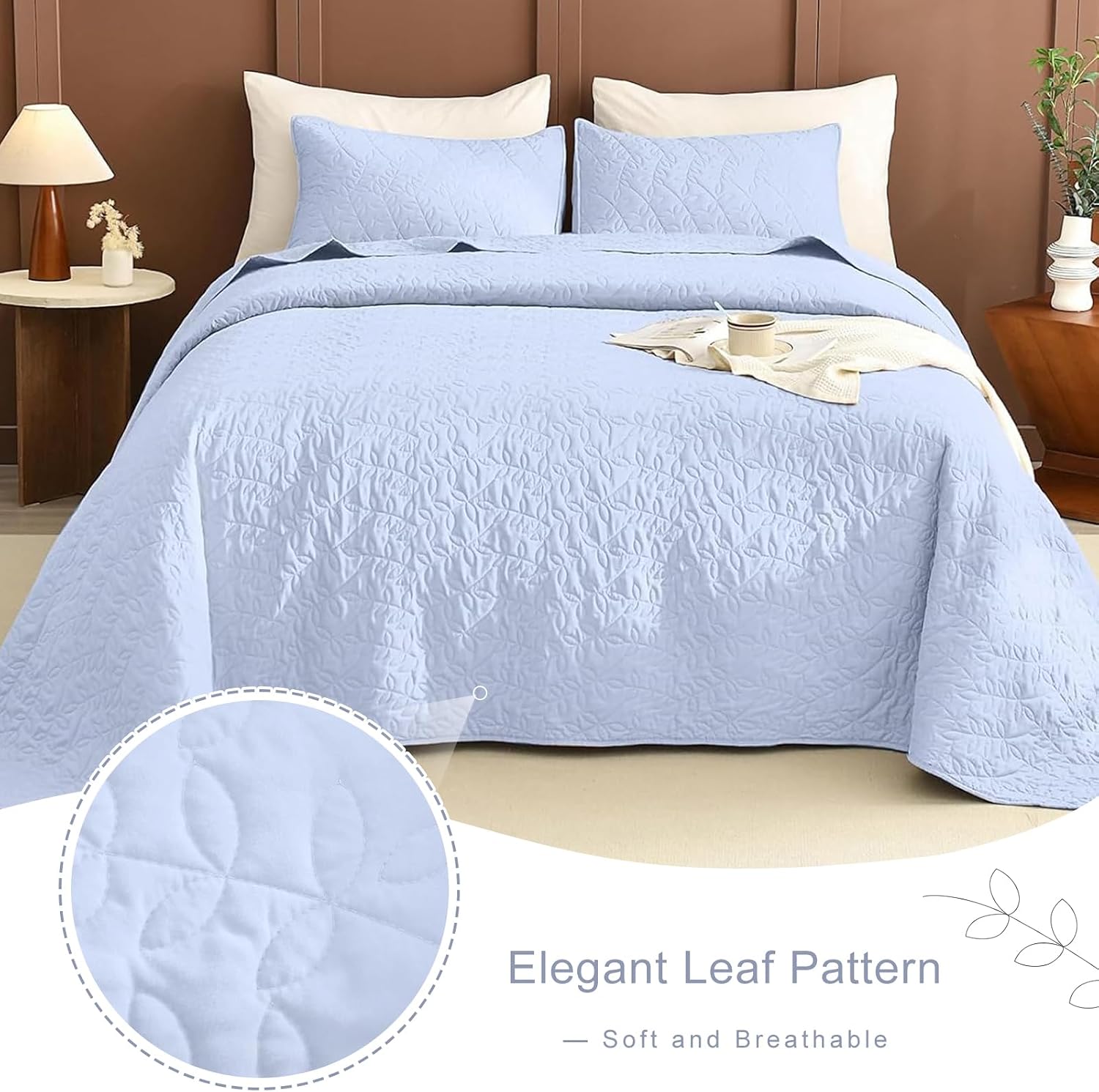 Lady Ann Light Blue Oversized King Bedspread 128x120, Leaves Pattern Printed Oversized King Quilt Set for Extra Large Bed, Lightweight & Soft Farmhouse Bedspreads & Coverlets, 3PCS