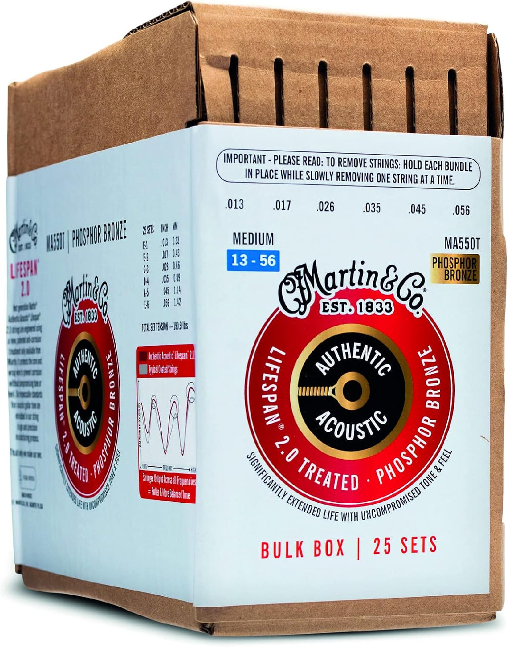 Martin Authentic Acoustic® Lifespan® 2.0 Guitar Strings – Phosphor Bronze, Medium Gauge, Bulk Box (25 Sets) | Bulk Box for Acoustic Guitar Players, Techs & Repair Shops