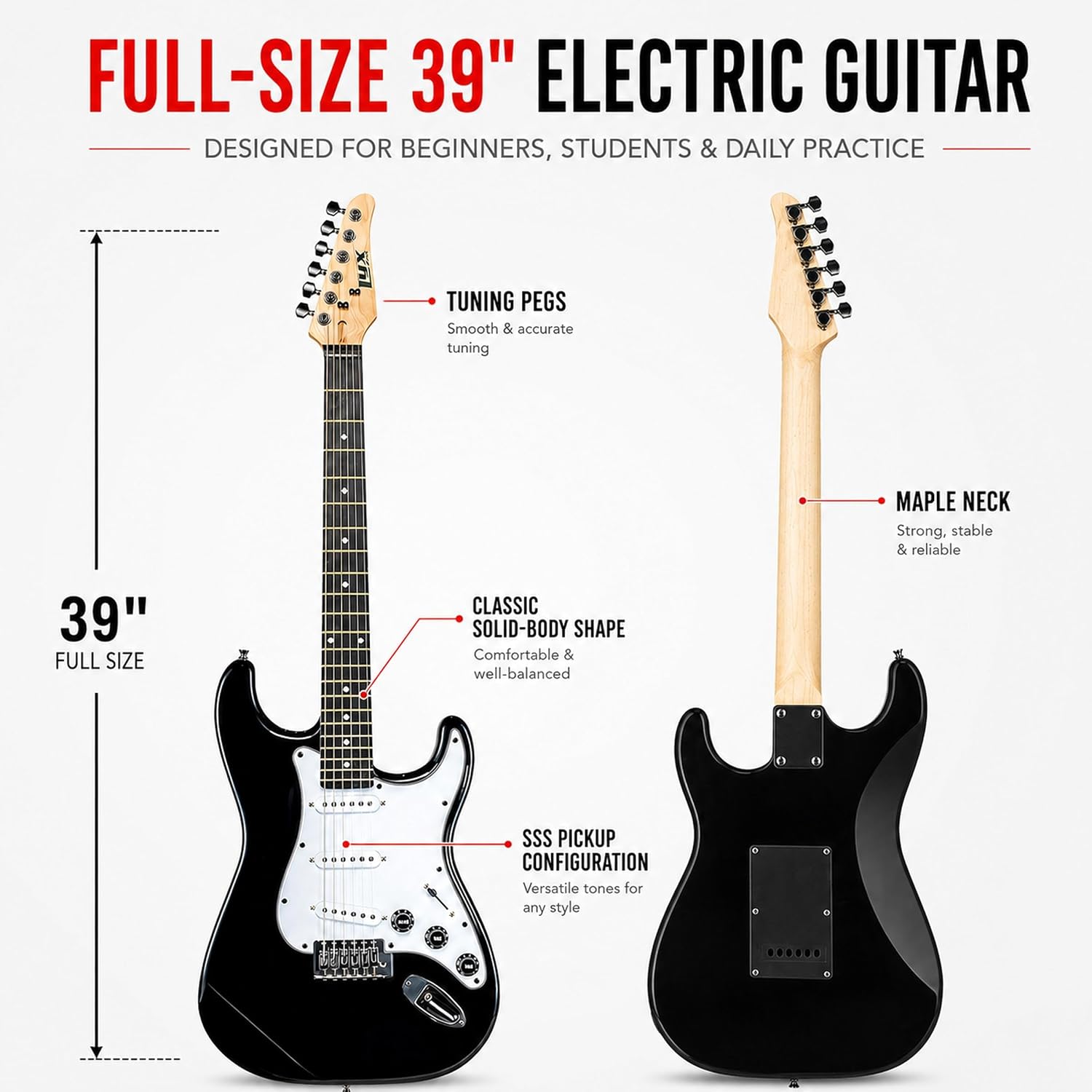 LyxPro 39 Inch Electric Guitar Beginner Kit, Full Size Right Handed Starter Set with 20W Amp, Gig Bag, Digital Tuner, Strap, Picks, Strings, Cable, Tremolo Bar, Black