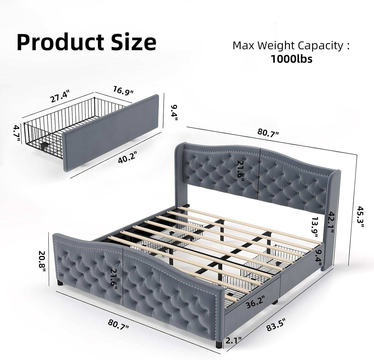 CANMOV King Size Upholstered Bed Frame with 4 Storage Drawers,Comfortable Fabric Platform Bed Frame with Wingback Headboard & Footboard,Wooden Slats Support,No Box Spring Needed,Dark Grey