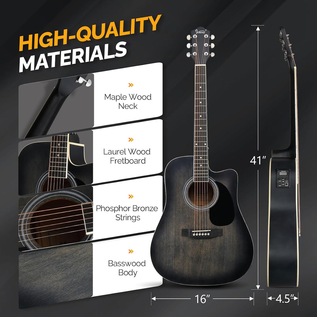 GLARRY Full Size 6 Strings Acoustic Electric Guitar Beginner Kit w/ 15W Amp, Cutaway 41 Inch Electric Acoustic Guitar w/Inbuilt Tuner, Bag, Strap, Picks, Strings, Basswood Guitarra, Distressed Black