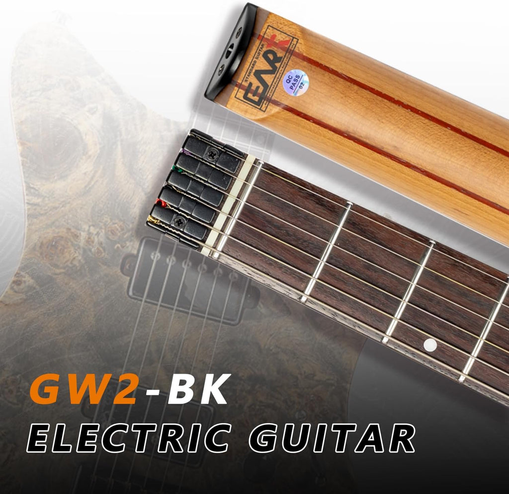 EART Headless Electric Guitar GW2 fixed Bridge for 6 String Travel Guitar For Travel and Performance Right, Stainless Steel Frets,Black