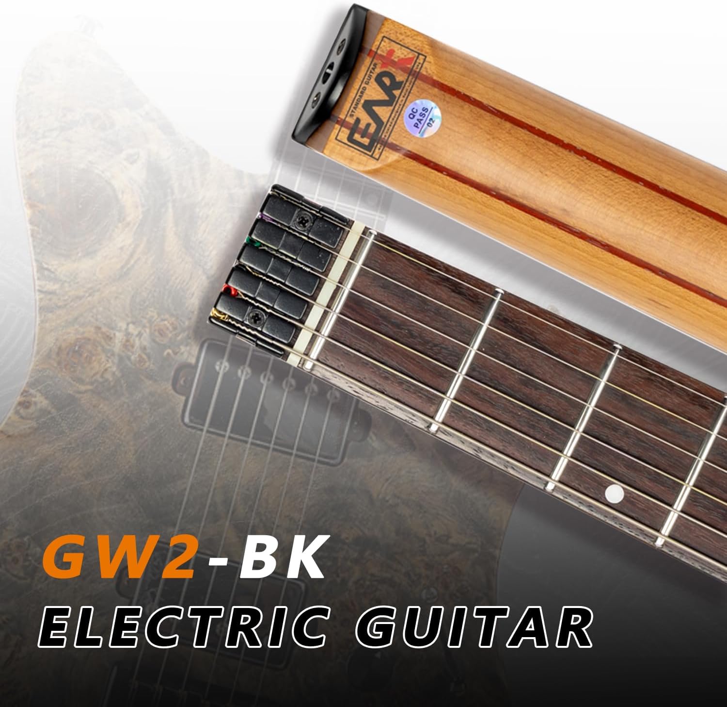 EART Headless Electric Guitar GW2 fixed Bridge for 6 String Travel Guitar For Travel and Performance Right, Stainless Steel Frets,Black