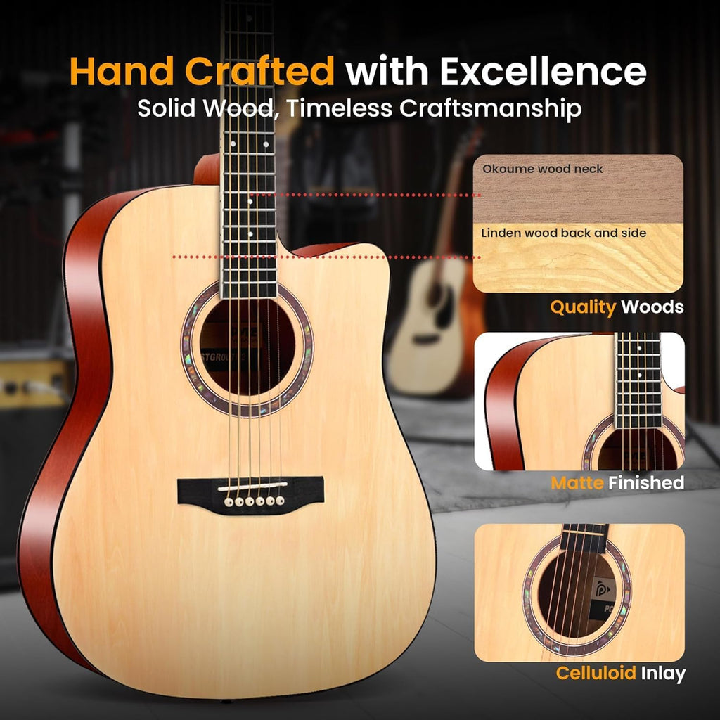 Pyle Beginner Acoustic Guitar Kit, 4/4 Full Size All Wood Instrument for Kids, Adults, 41' Natural, Premium Kit