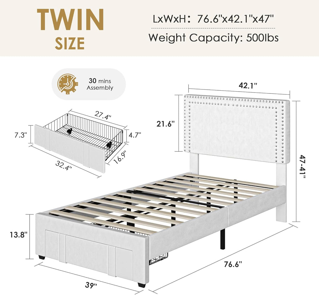 VECELO Twin Size Upholstered Bed Frame with Storage Drawer, Adjustable Velvet Rivet Decor Headboard, Wooden Slats Platform Support, No Box Spring Needed, Easy Assembly,White