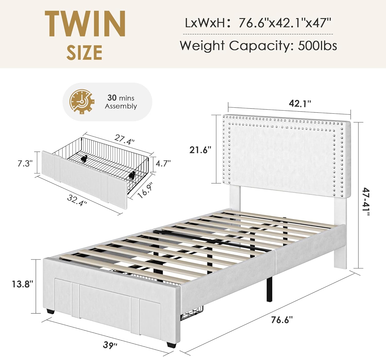 VECELO Twin Size Upholstered Bed Frame with Storage Drawer, Adjustable Velvet Rivet Decor Headboard, Wooden Slats Platform Support, No Box Spring Needed, Easy Assembly,White