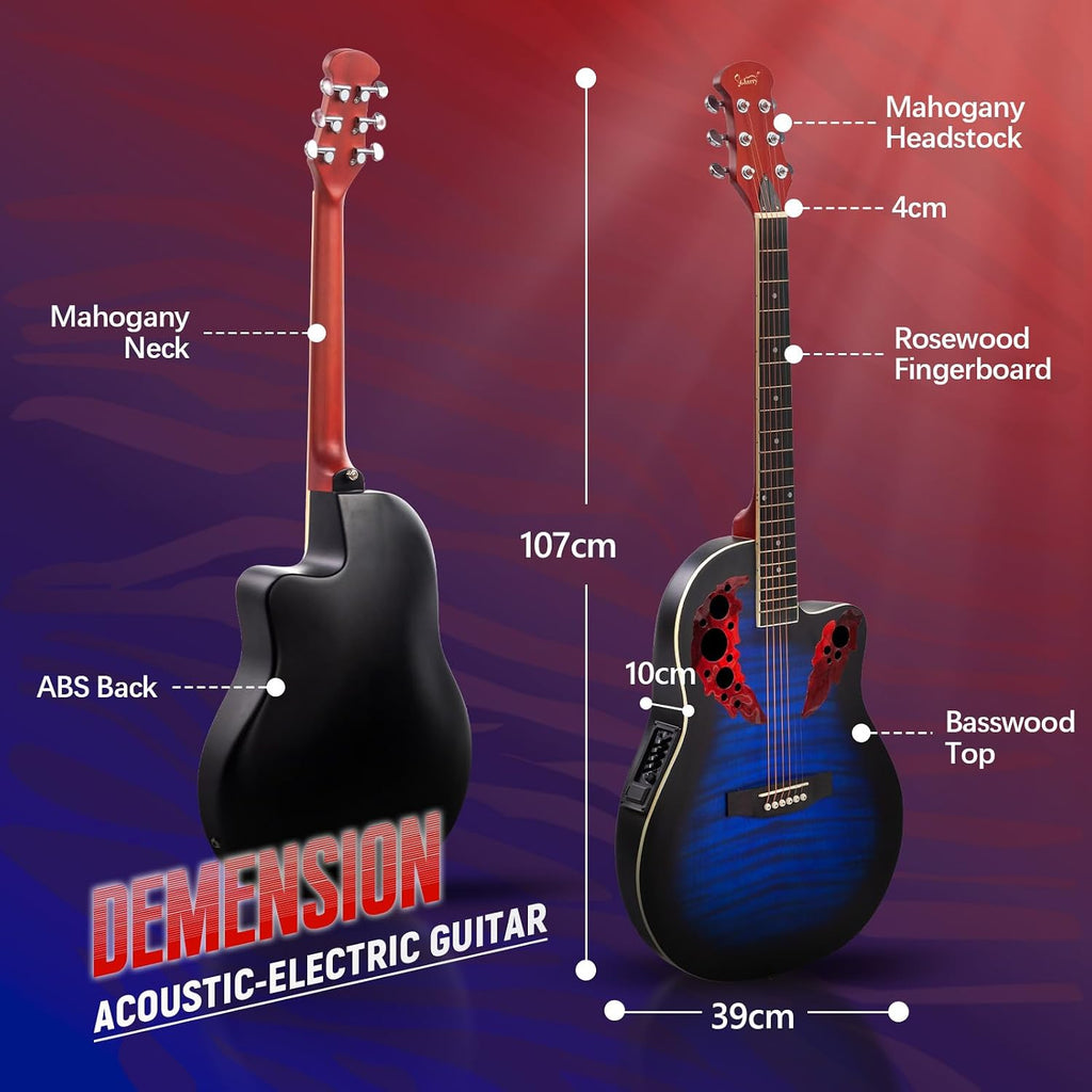 GLARRY 41in Acoustic Electric Guitar, Unique Round-back Design, 6 String Cutaway Guitar Beginner Kit with 15W Amp, EQ, Bag, Strap, Picks, Strings (Blue with AMP, Full-Right Handed)