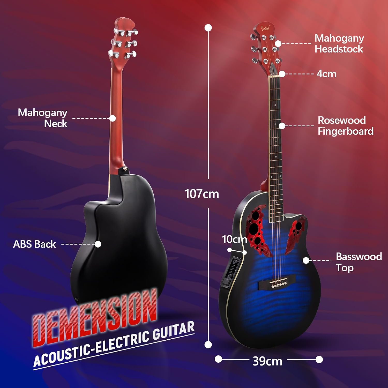 GLARRY 41in Acoustic Electric Guitar, Unique Round-back Design, 6 String Cutaway Guitar Beginner Kit with 15W Amp, EQ, Bag, Strap, Picks, Strings (Blue with AMP, Full-Right Handed)
