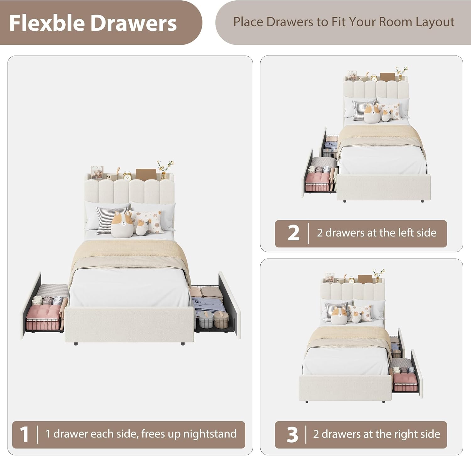Garvee LED Twin XL Bed Frame with Storage Headboard, Kids Bed Frame with 2 Drawers, Boucle Upholstered Platform Bed for Girls, Chic Wavy Headboard with Bookcase, No Box Spring Needed, White