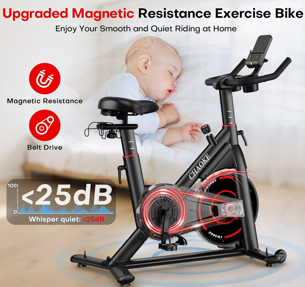 Exercise Bike, CHAOKE Quiet Adjustable Magnetic Resistance Stationary Bike for Home Cardio with App Compatible, 350LB Weight Capacity Indoor Cycling Bike with Comfortable Seat & Digital Display