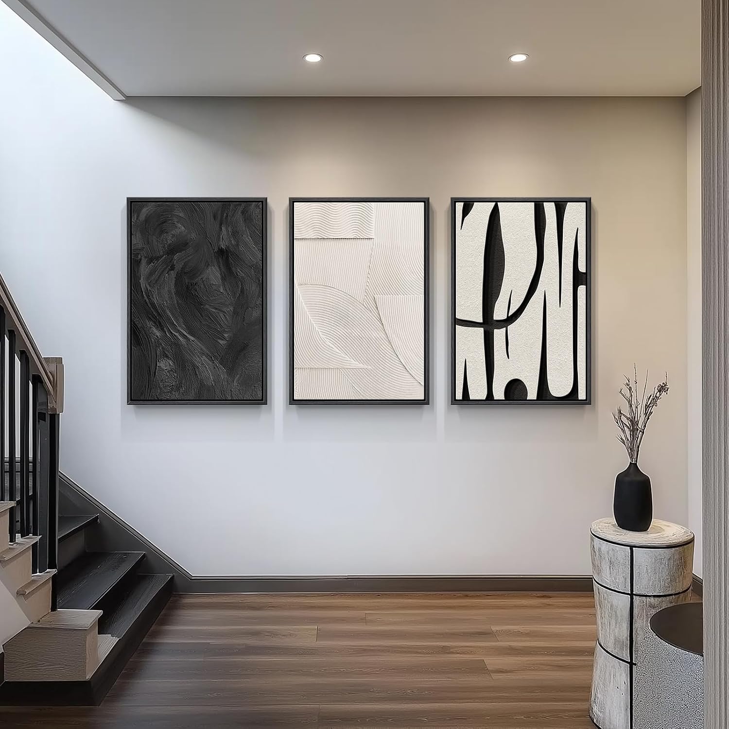 Large Framed Black and White Abstract Wall Art for Living Room, 3 Piece Big Modern Canvas Prints Paintings Artwork for Walls, Minimalist Abstract Art Pictures for Hallway, Office Wall Decor 24x36 In